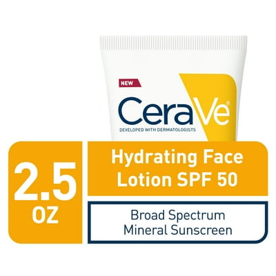 CeraVe Hydrating 100% Mineral Sunscreen Lotion for Face SPF 50, All Skin Types, 2.5 fl oz