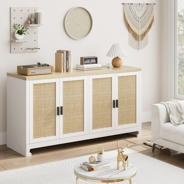 4 Door Sideboard Buffet Cabinet, Kitchen Storage Cabinet with Rattan Decorated Doors, Boho Accent Console Coffee for Dining Room, Kitchen, Living Room, Entryway