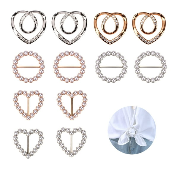 HZCrisp 12PCS Scarf Ring Clips Set – Fashion T-Shirt Tie Clips and Shirt Clip Buckles with Rhinestone and Faux Pearl Designs, Multi-Style Clothing Knot Fixing Accessories for Women