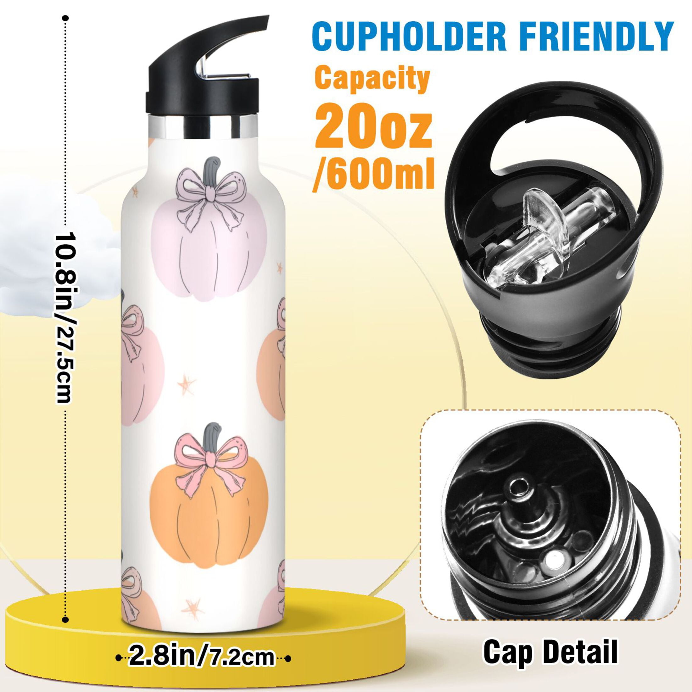 Kids Insulated Stainless Steel Sports Water Bottle 600ml (20oz) Pumpkins with Bows