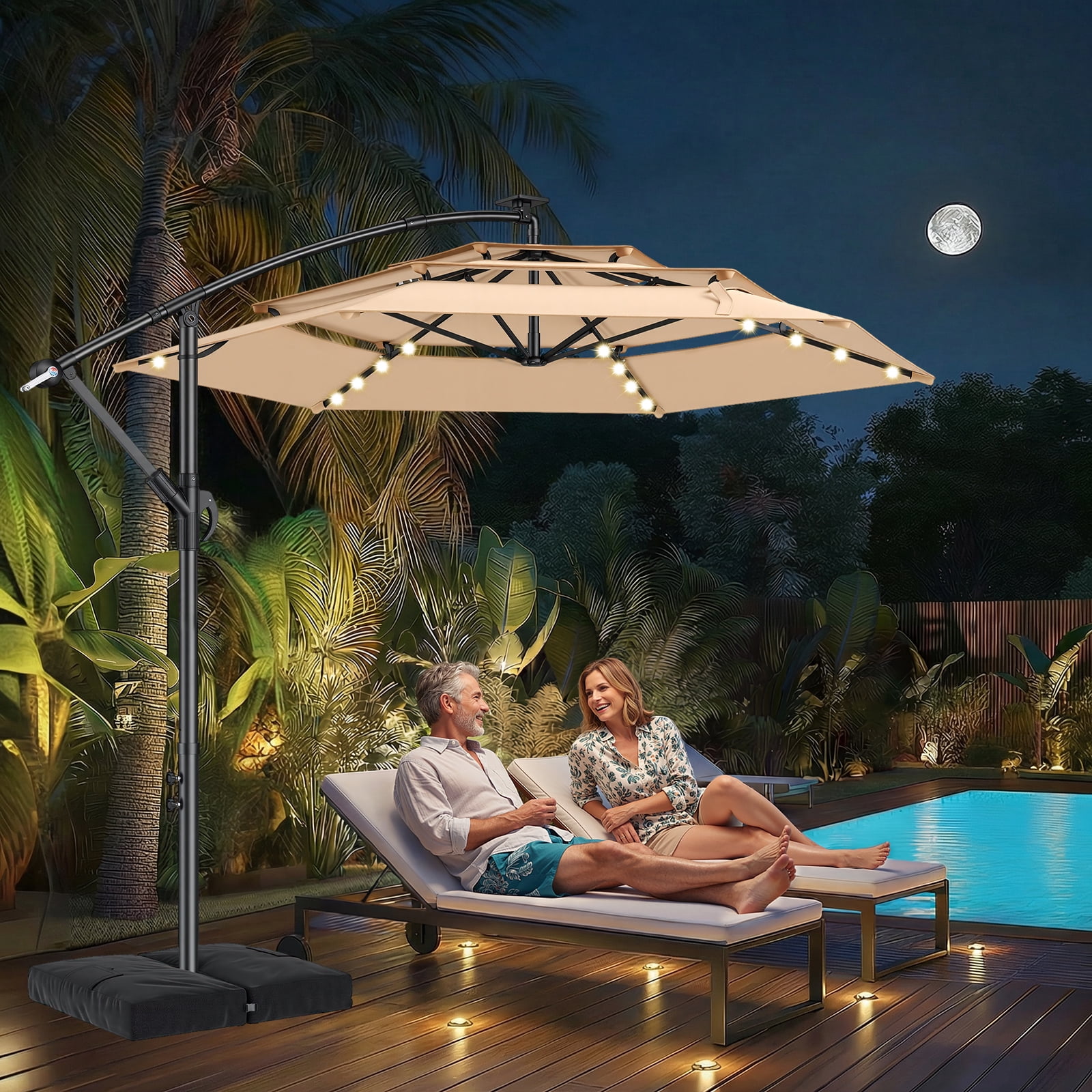 TASKBAY 10ft 3-Tiered Cantilever Patio Umbrella Solar LED Lighted, Hanging Offset Market Outdoor Sun Shade with Base Stand for Beach, Backyard, Deck, Poolside, Beige
