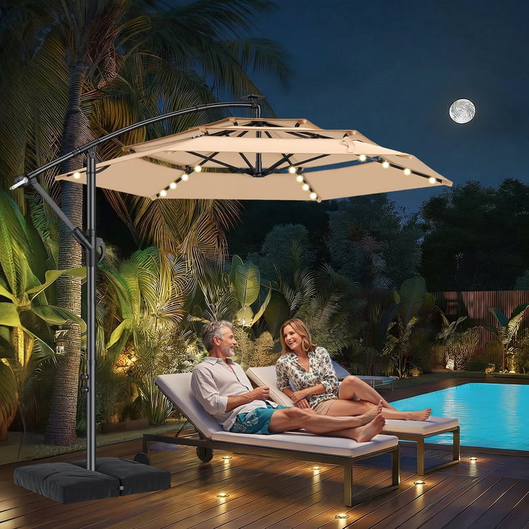 cantilever patio umbrella with lights and base WESTLAKE 10 Ft Solar LED Offset w/ Included 4-Piece Weights, Gray this umbrella will indulge you in plenty of shade all day long and keep your nights bright with its 32 solar CLOUDFLY 11 ft. x 11