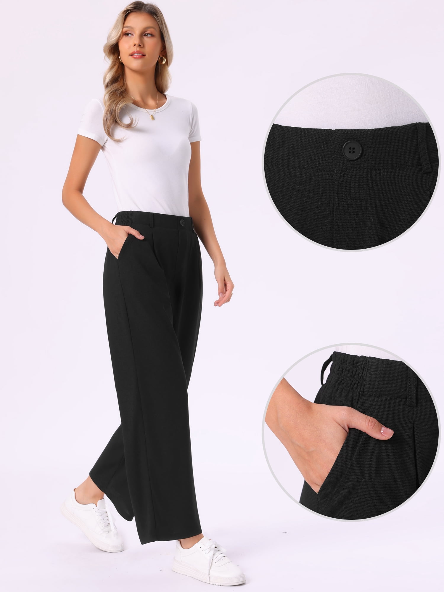 DARING DIVA Women's Waist Trousers Straight Leg Button Decor Slacks Pants L Black