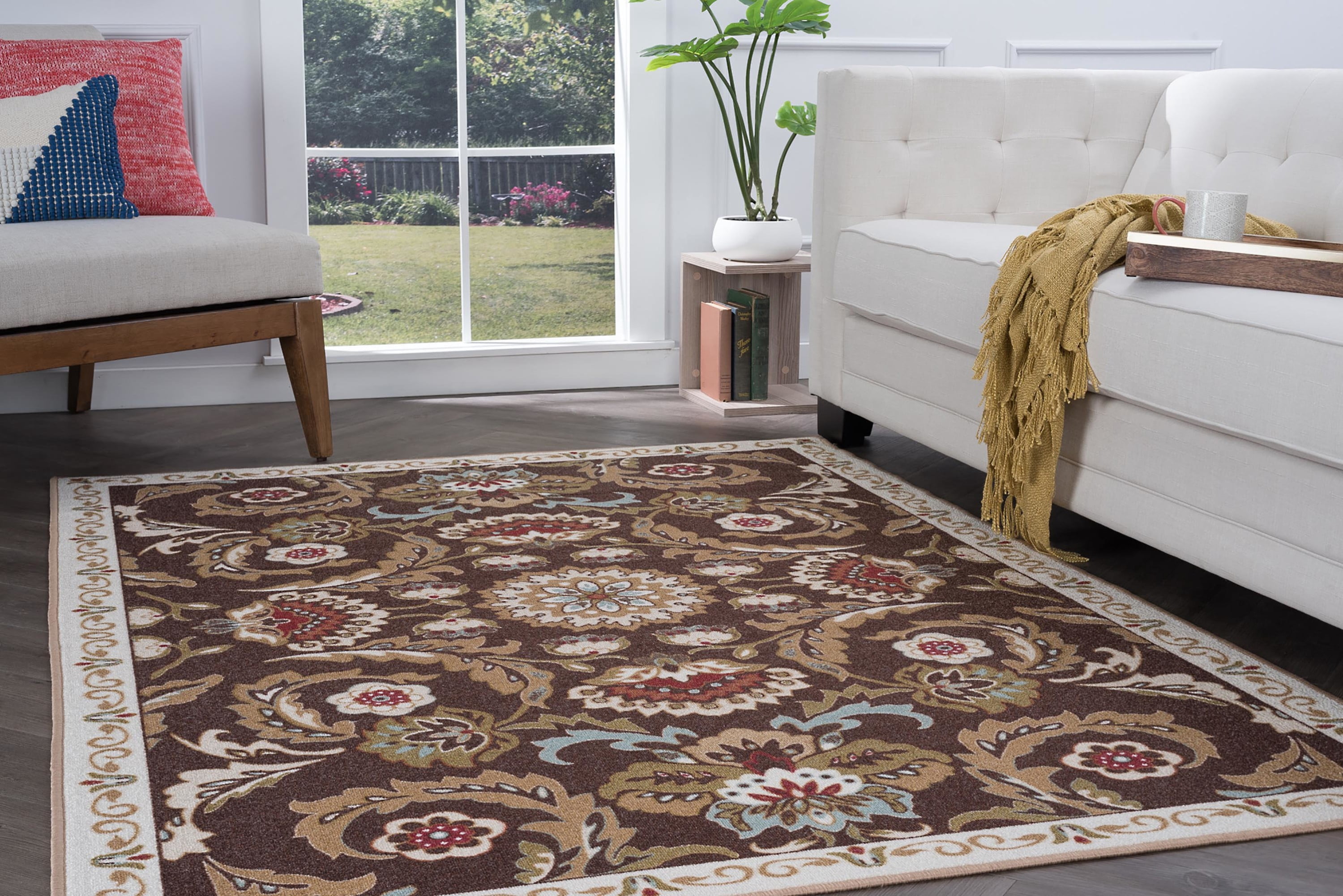 Transitional 5x7 Area Rug (5' x 7') Floral Brown, Beige Living Room Easy to Clean