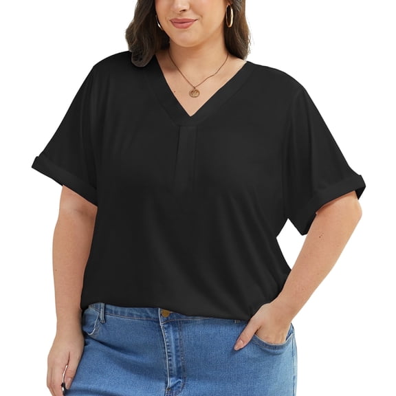 Oryer Casual Womens Plus Size Tops V-Neck Short Sleeve Shirts, Womens Summer Tops Tunic Blouse XL-5XL
