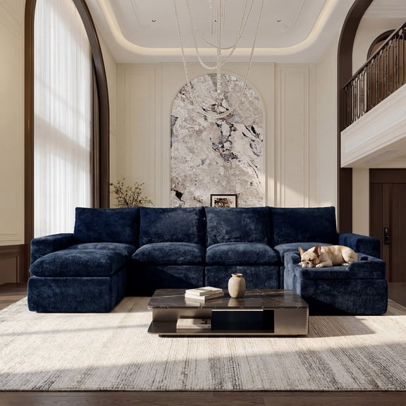 BEHOST 6-Piece 130" Modular Sectional Sofa, Velvet Boneless Cloud Couch with Dog Pad, Oversized Deep Seat Couches for Living Room, Navy Blue