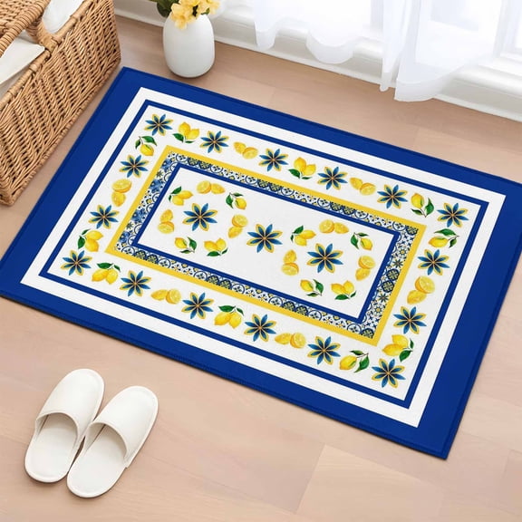 Mediterranean Style Lemon Washable Small Entryway Area Rugs 2'x3', Blue Floral Blue Border Countryside Low Pile Throw Rug Non-Slip Sturdy Edge Binding Carpet for Front Door Floor Room Entry