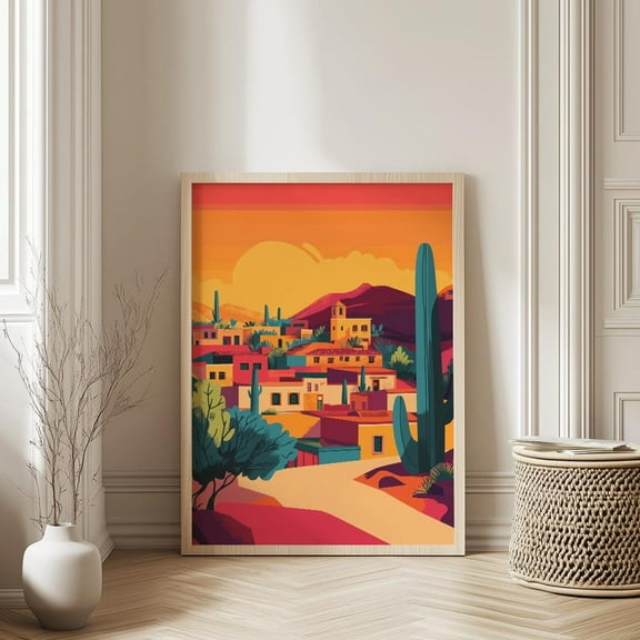 Kna Prints - Pink Mexican Wall Art, Mexican Village Poster, Colorful Cactus Print, Modern Southwestern Decor, Trendy Latina Wall Art,, UNFRAMED-8x12