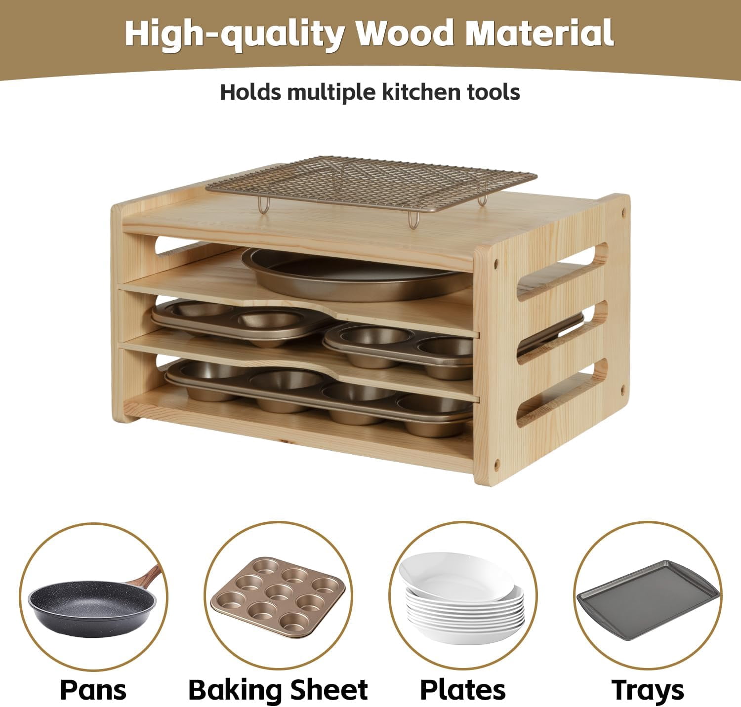 4 Tier Wooden Cabinet Tray Dividers for Baking Trays, Pans & Cutting Boards - 16.61" Wx12.4 Dx8.94 H Vertical Cookie Sheet Organizer, Spoon Rest, Utensil Holder, Kitchen for Pots Pans Storage