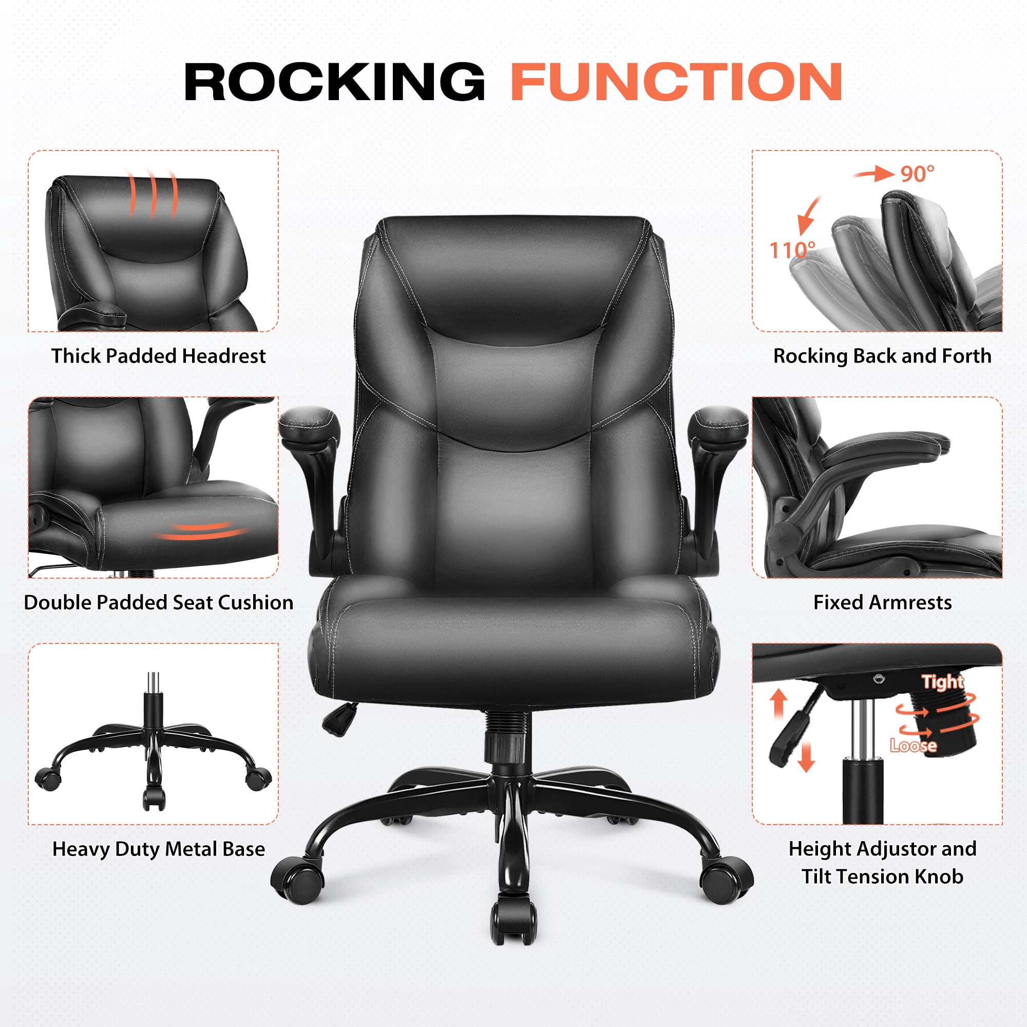 JONPONY Leather Office Chair, Big and Tall Office Chair 400LBS Wide Seat Ergonomic Computer Desk Chair High Back Executive Leather Chair Adjustable Task Chair, Black