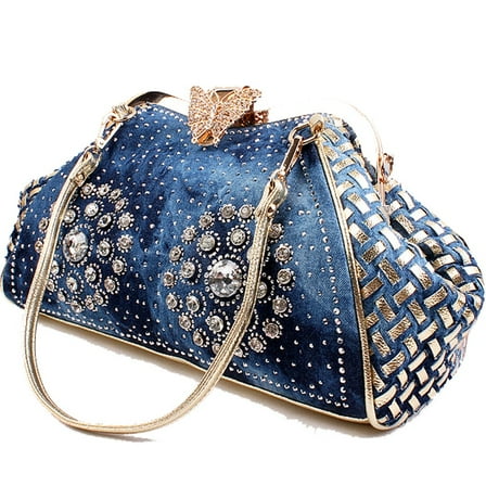 Coofit Women's Denim Purse Knitted Crossbody Bag with Shiny Rhinestone Tote Bag Handbags for Women