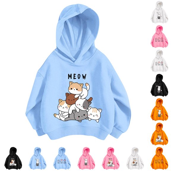 JAJAHO Kids Girls Hoodies Cute Cat Printed Long Sleeve Hooded Sweatshirts Loose Fit Fall Pullover Tops 3-12Y