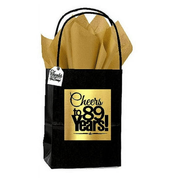 Black & Gold 89th Birthday / Anniversary Cheers Themed Small Party Favor Gift Bags with Tags -12pack