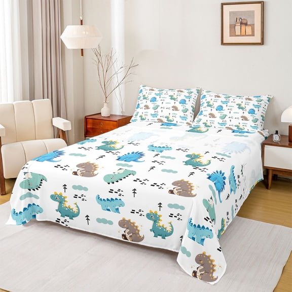 Homewish Cute Cartoon Dinasur Twin Sheet Sets,Wild Animal Twin Fitted Sheet,Pixel Geometric Grid Flat Sheet For Boys Kids,Super Cozy Room Decor,3pcs