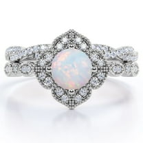 JeenMata Art-Deco Milgrain Floral Cluster 1.5 Carat Round Shape Rainbow Opal and Moissanite Crossover Pave Bridal Ring Set in 18K White Gold Plating over Silver