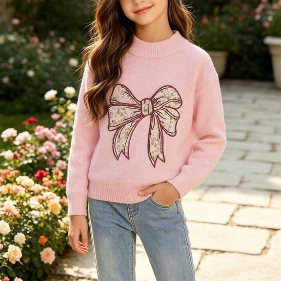 Little Girls Floral Patchwork Bow Embroidery Sweater Long Sleeve Crew Neck Holiday Soft Fall Winter Kids Pullover Pink 7-8 Years