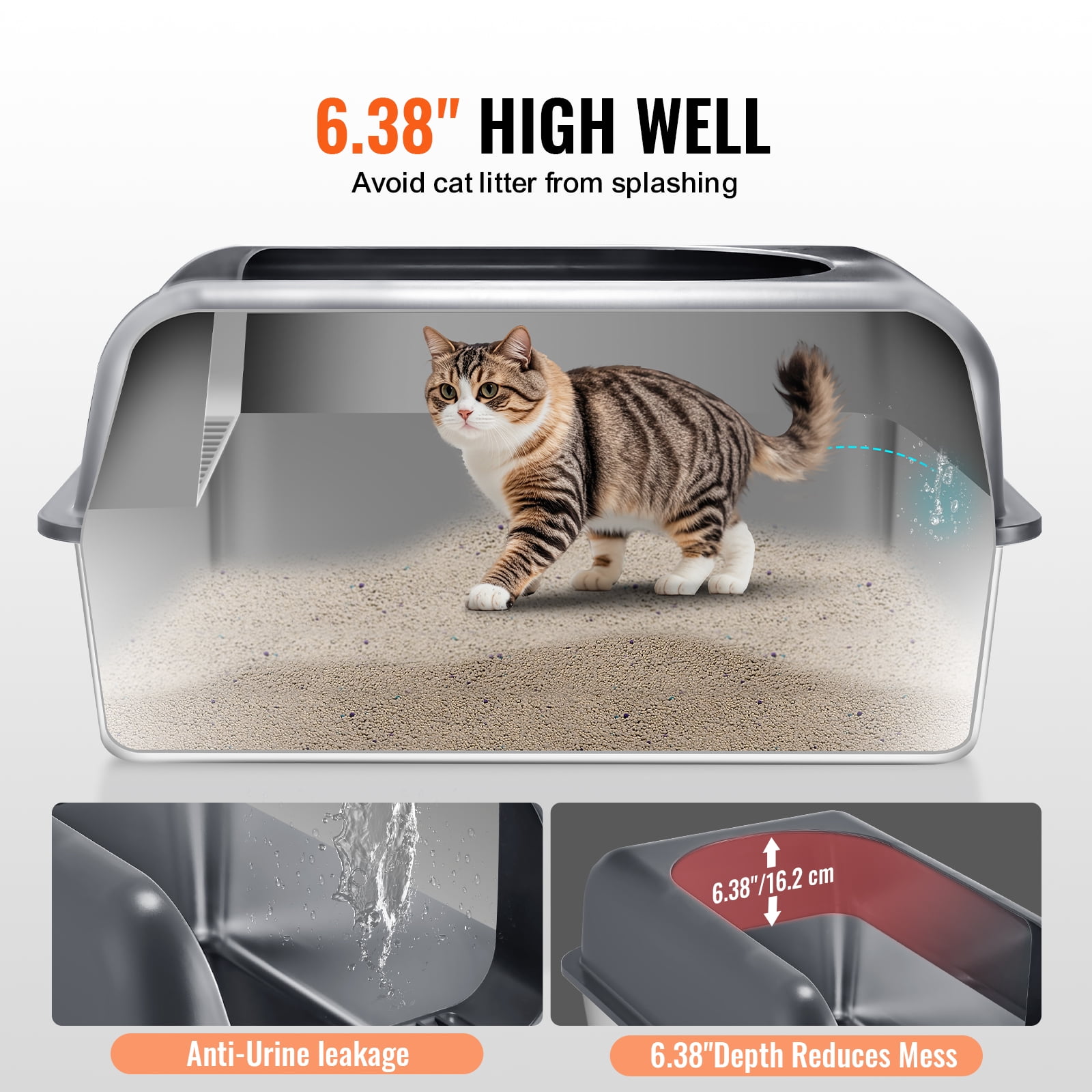 VEVOR Cat Litter Box, 6 inches Deep, XL Extra Large Stainless Steel Cat Litter Box with Scoop, Wide Filtering Foot Board & High Sides, Enclosed Odor-Free Easy-to-Clean Litter Box, Fit for Big Cats
