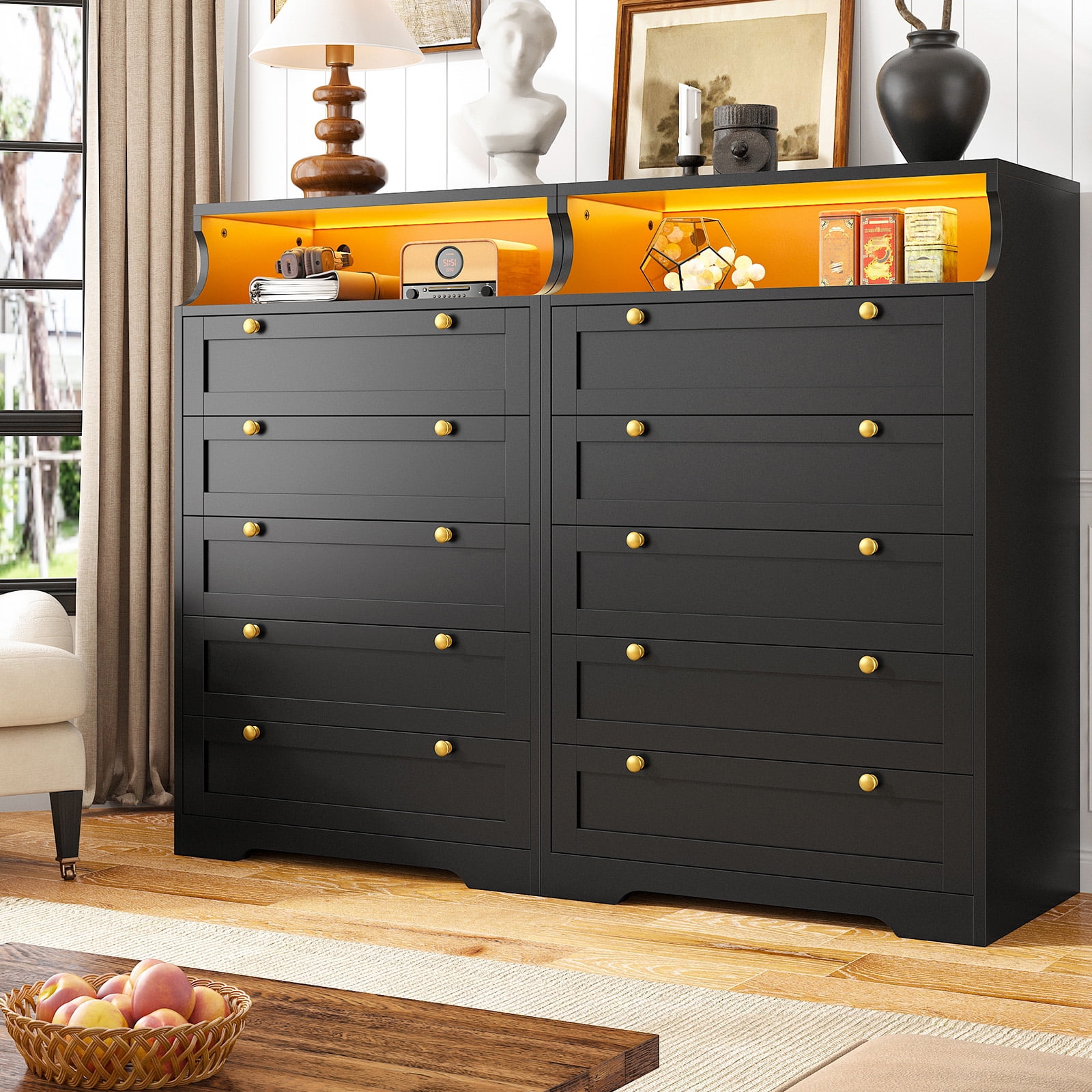 EnHomee Black 5-Drawer Dresser with LED Light, 31.7"L x 15.9"W x 48.6"H Modern Storage Furniture