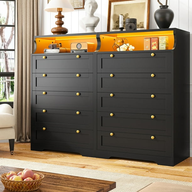 EnHomee Black 5-Drawer Dresser with LED Light, 31.7"L x 15.9"W x 48.6"H Modern Storage Furniture