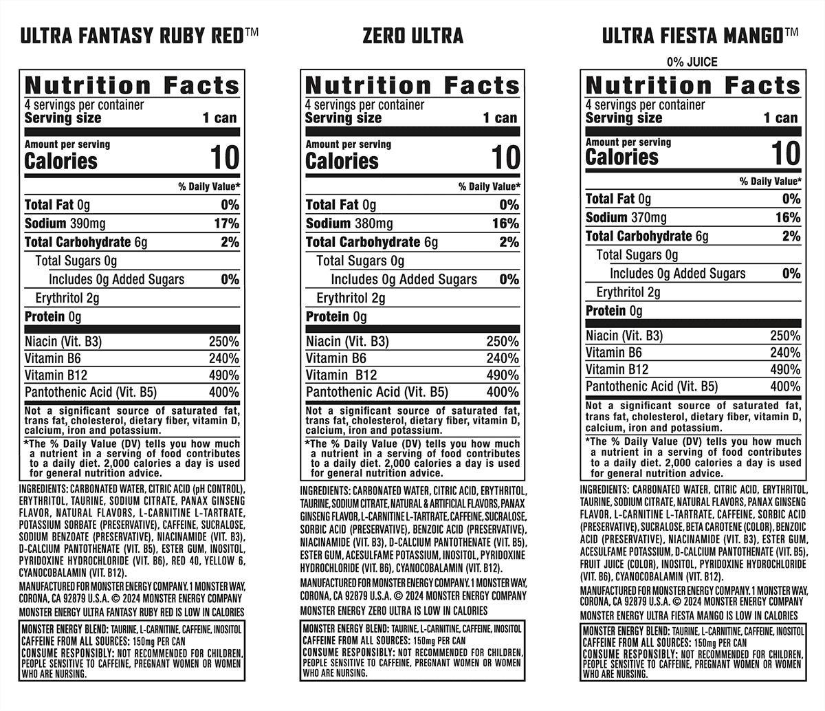 ( 12 Cans) Monster Energy, Ultra VP, Ultra Ruby Red, Zero Ultra, Ultra Fiesta, 16 fl oz, 12 Pack