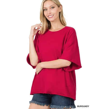 Zenana Plus Cotton French Terry Drop Shoulder Raw Edge Relaxed Casual Solid Tee Shirt Top price history on PriceWatchPro