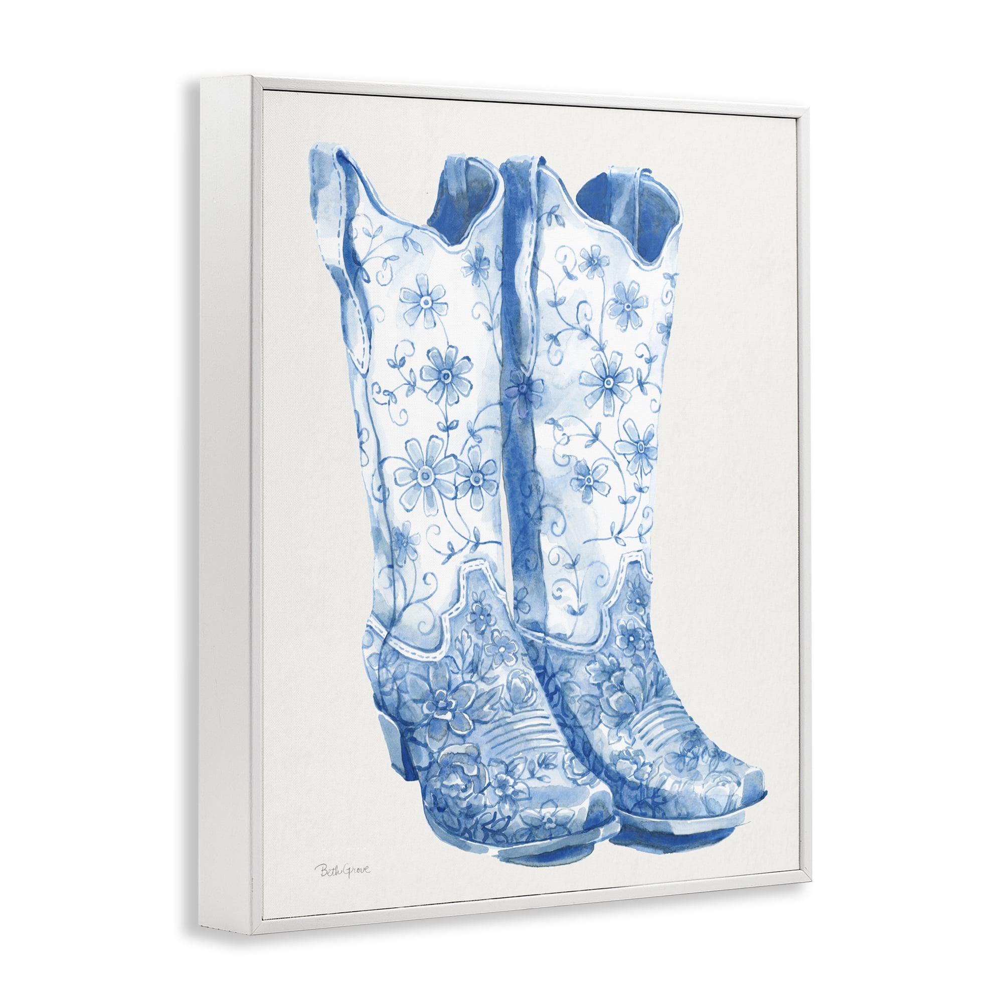 Stupell Industries Blue Boots with Floral Embroidery White Framed Giclee Art, design by Beth Grove