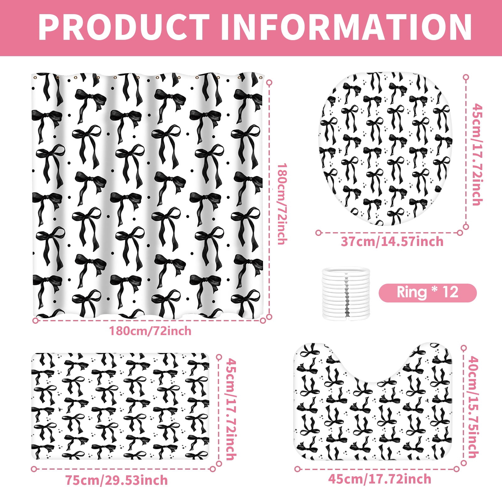 Dznils Black Bow Shower Curtain and Rug Sets, 16pc Modern Fabric Bathroom Curtain Sets, 72" x 72"