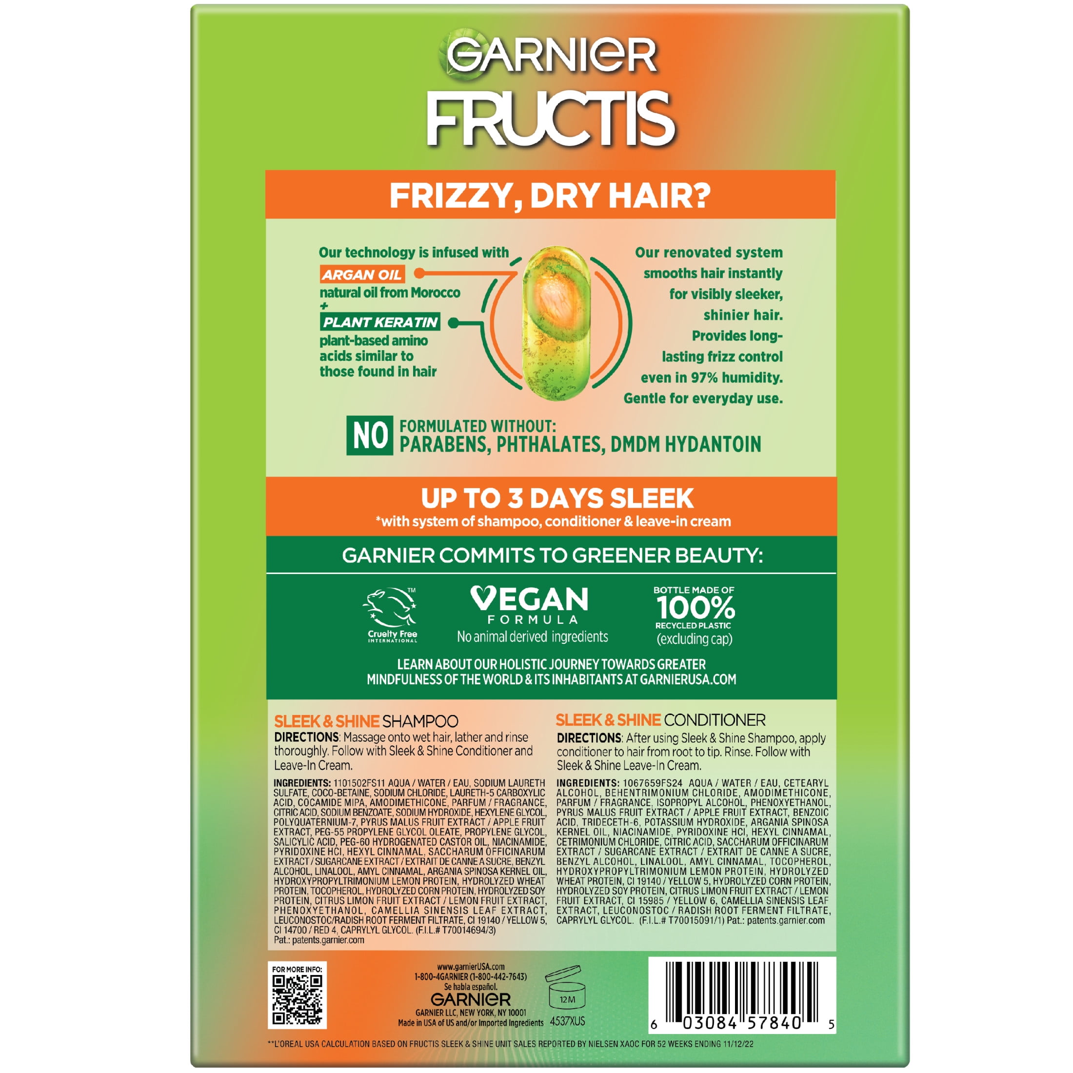 (3 pack) Garnier Fructis Sleek & Shine Shampoo and Conditioner for Frizzy Dry Hair, 1 kit