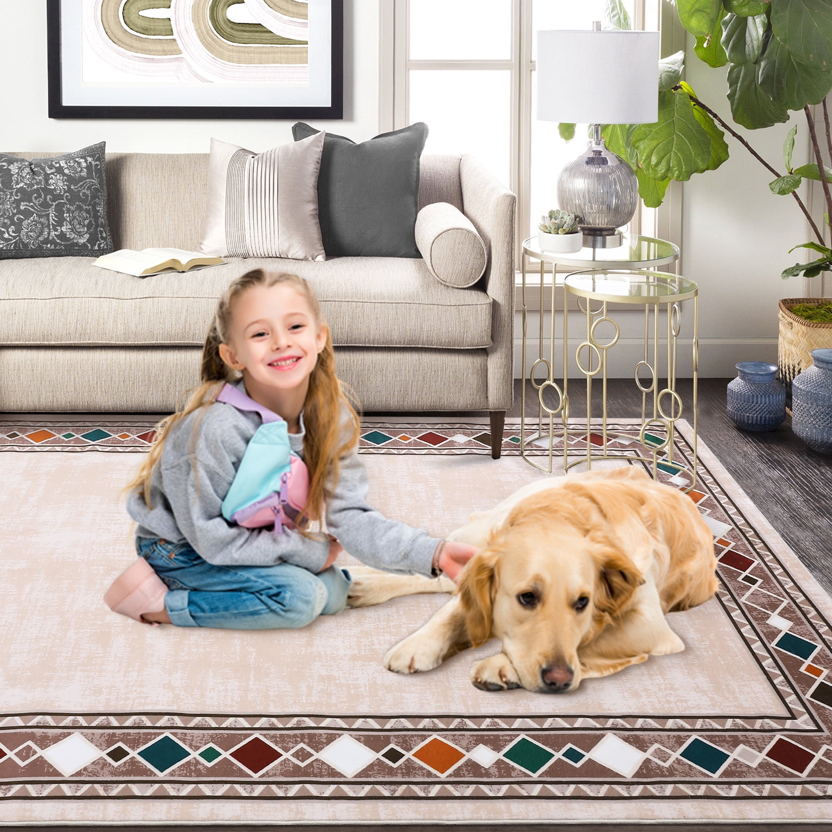 Garvee 9'x12' Geometric Bordered Area Rugs Contemporary Rugs for Living Room, Non-Slip Washable Rugs Soft Throw Rugs Low-Pile Stain Resistant Carpet for Bedroom Dining Room Farmhouse, Beige