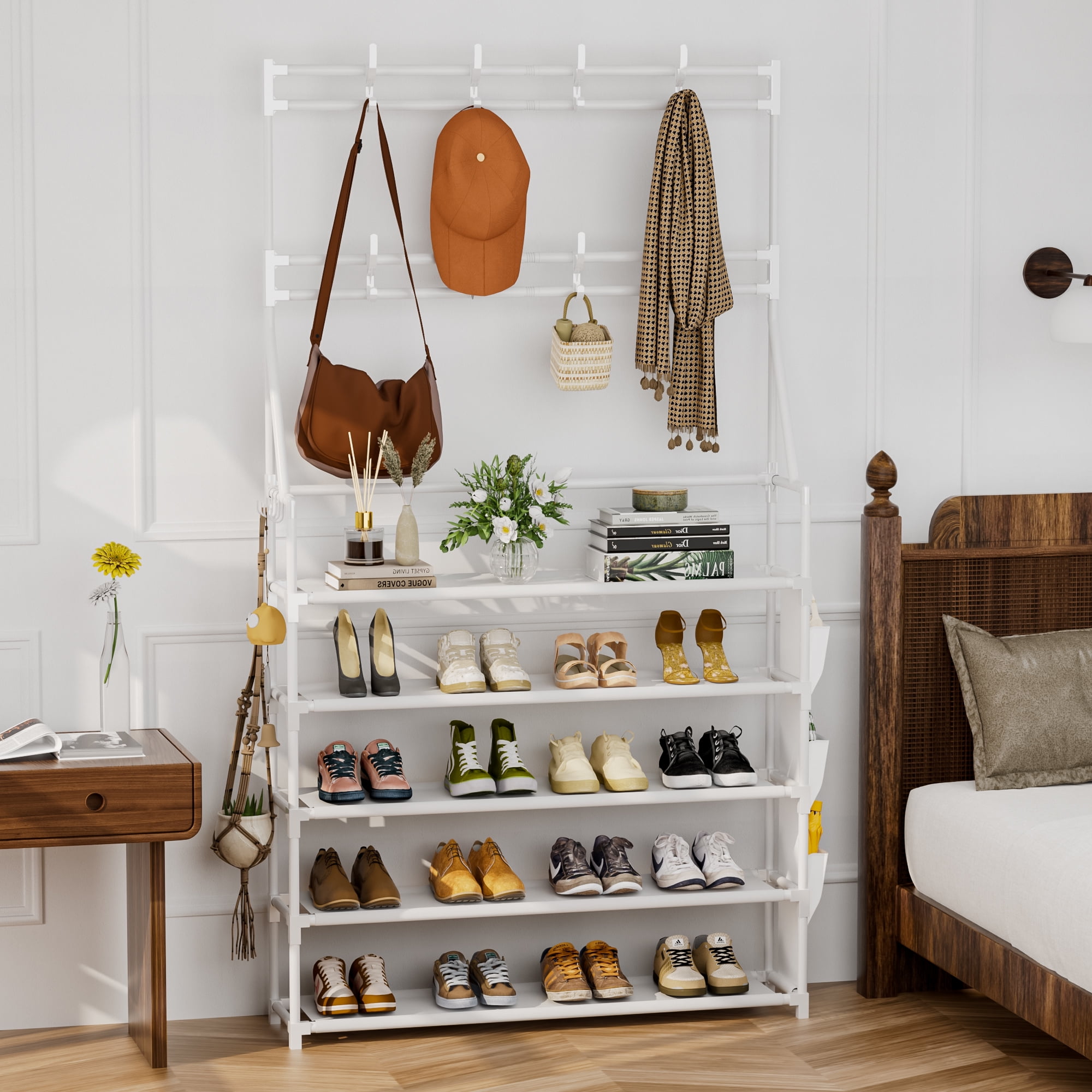 5 Tier Shoe Rack Storage 20-25 Pairs Sturdy Metal Shoes Rack Organizer with Multifunctional Hooks and Side Pocket for Closet Entrance Space Saving Large Capacity