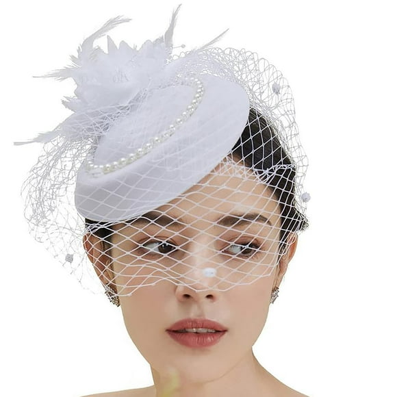 CYC Women Pearl Mesh Fascinator Hat With Bride Wedding Party Headdress Ladies Feather Flower Pillbox Hat Hair Accessories White