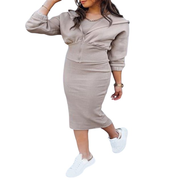 Women 2 Piece Set Solid Color Summer Tank Dress and Zipper Hoodie