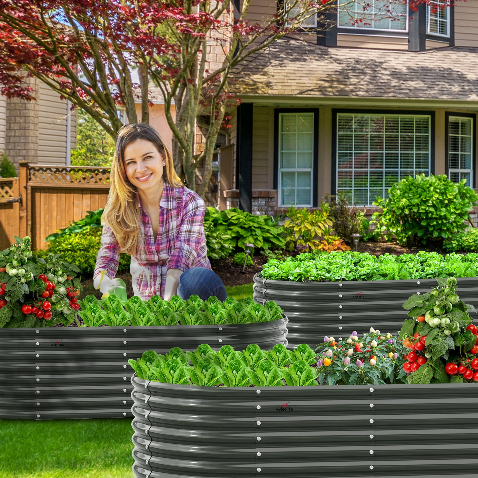 Set of 6: 8x4x2ft Oval Modular Metal Raised Garden Beds (Grey)