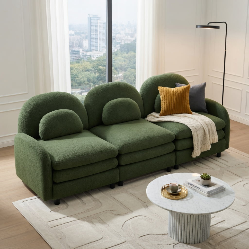 Hommoo Teddy Fleece Modular 3-Seat Sofa, Cloud-Like Comfort, Curved Backrest & Armrest, Double-Layer Cushioning, Lumbar Support Pillows, Green