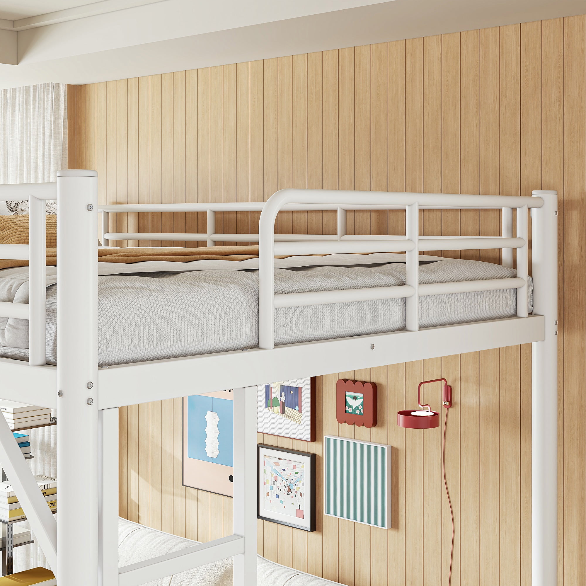 Mintazer Full Metal Loft Bed Frame with Side Ladders & Guardrails for Teens Adults, No Box Spring Needed, White
