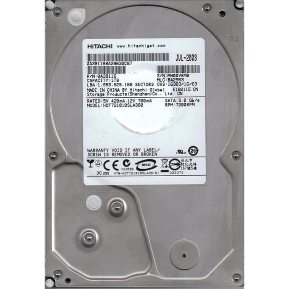 HDT721010SLA360 P/N: 0A38116 MLC: BA2963 China Hitachi 1TB
