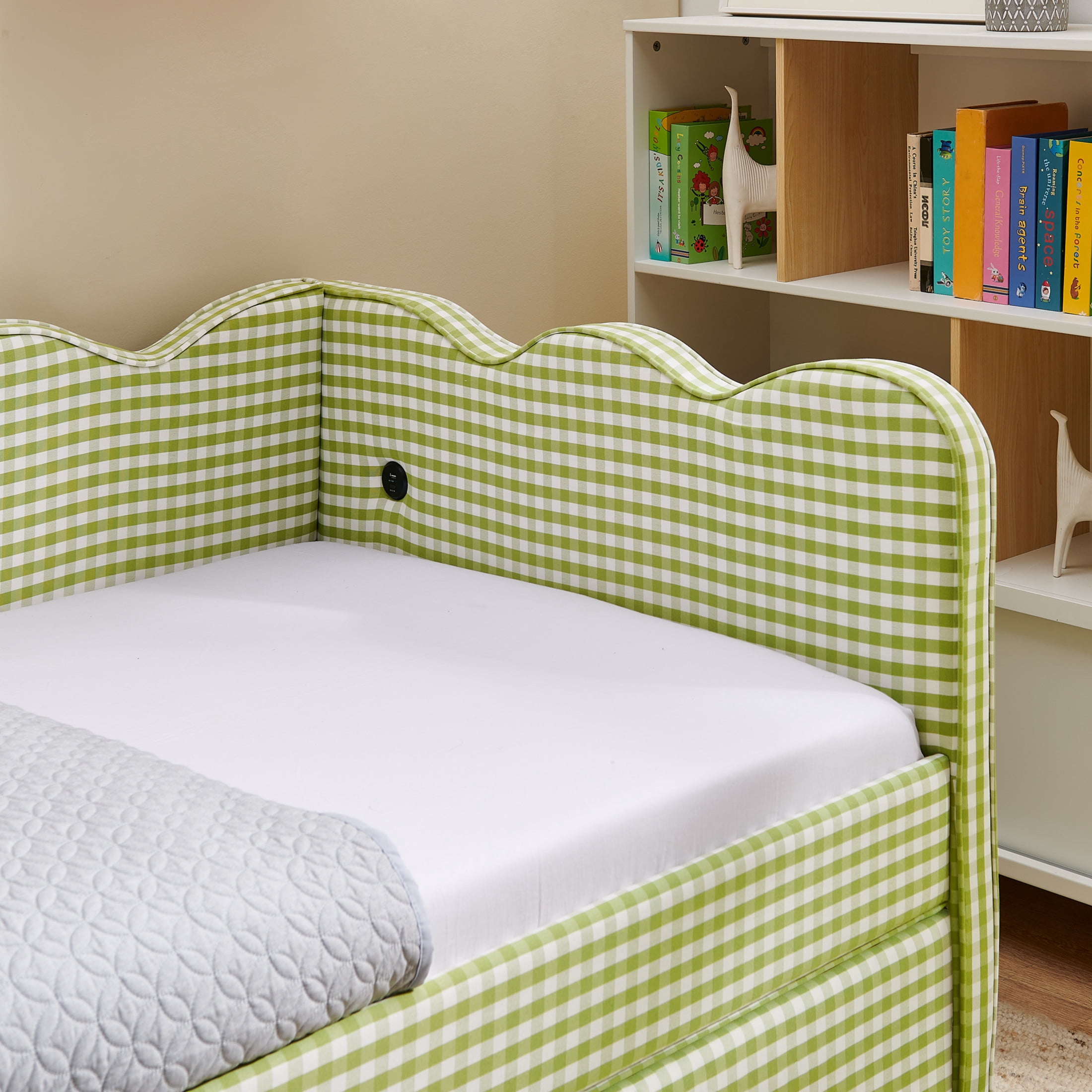 Noble House Corlan Twin Size Waved Daybed, Cozy Gingham Linen Sofa Bed with Storage Drawers and Charging Port, Green
