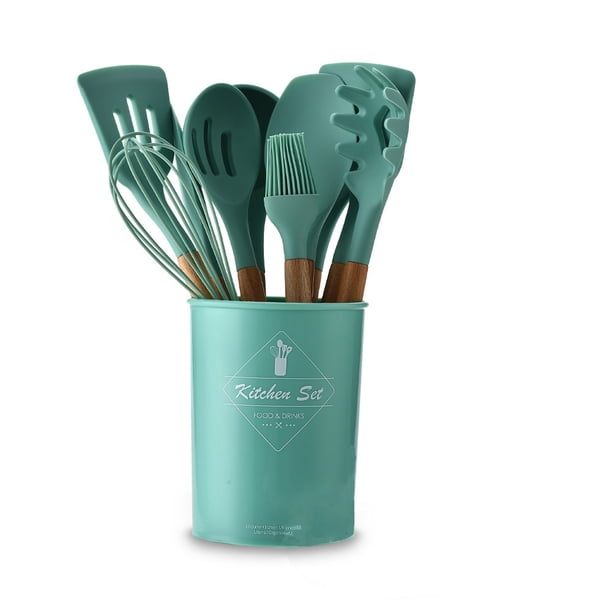 Utensilios de cocina de silicona con mango de madera de colores para el hogar, juego de 11 piezas, utensilios de cocina