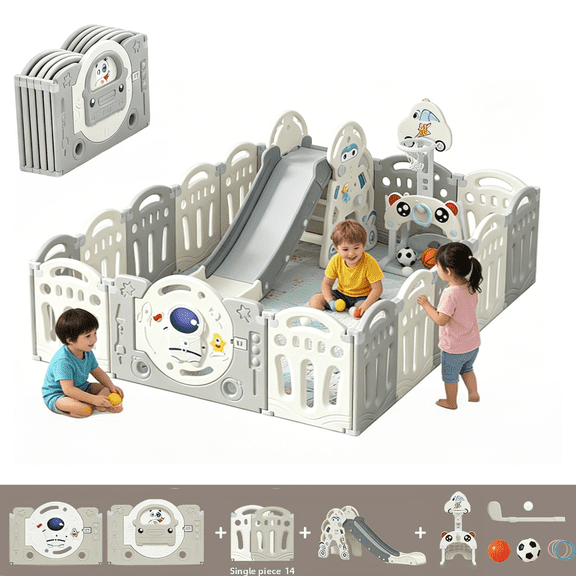 Baby Playpen with Slide & Basketball Hoop Large Baby Play Yard Fence 63*76 for Babies and Toddlers Baby Play Yard Activity Center with 14 2 Panels(Astronaut Theme)