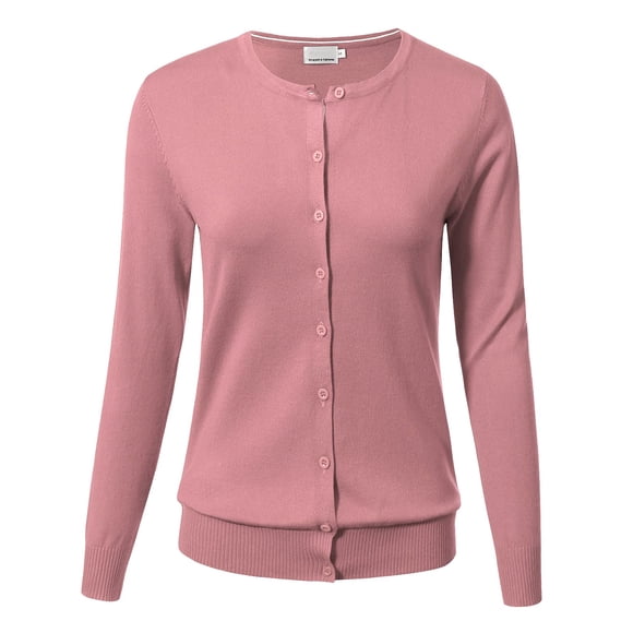 Allsense Women's Long Sleeve Button Down Crew Neck Classic Knit Cardigan Sweater, Dusty Pink, Medium
