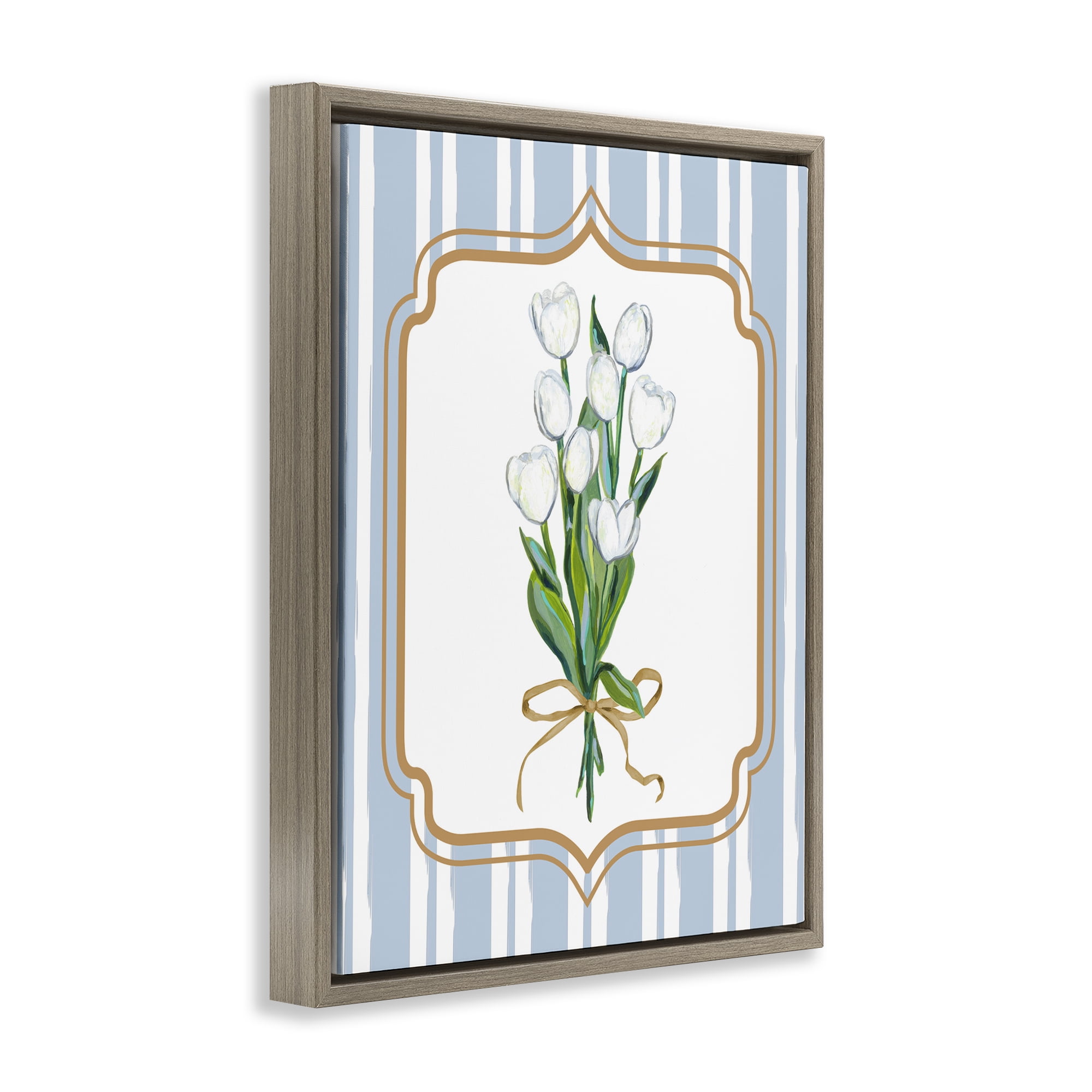White Tulip Bouquet & Stripes Brown Framed Floater Canvas Wall Art, design by Adonna Ebrahimi