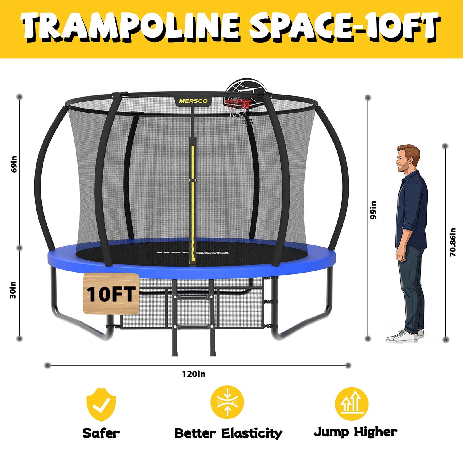 Mersco 10FT/12FT/14FT/15FT/16FT Pumpkin Trampoline for Kids ,Blue Outdoor Jumping Trampoline with Enclosure Net, Basketball Hoop, Ladder, Storage Bag,Home Trampoline SPACE for Birthday Gifts