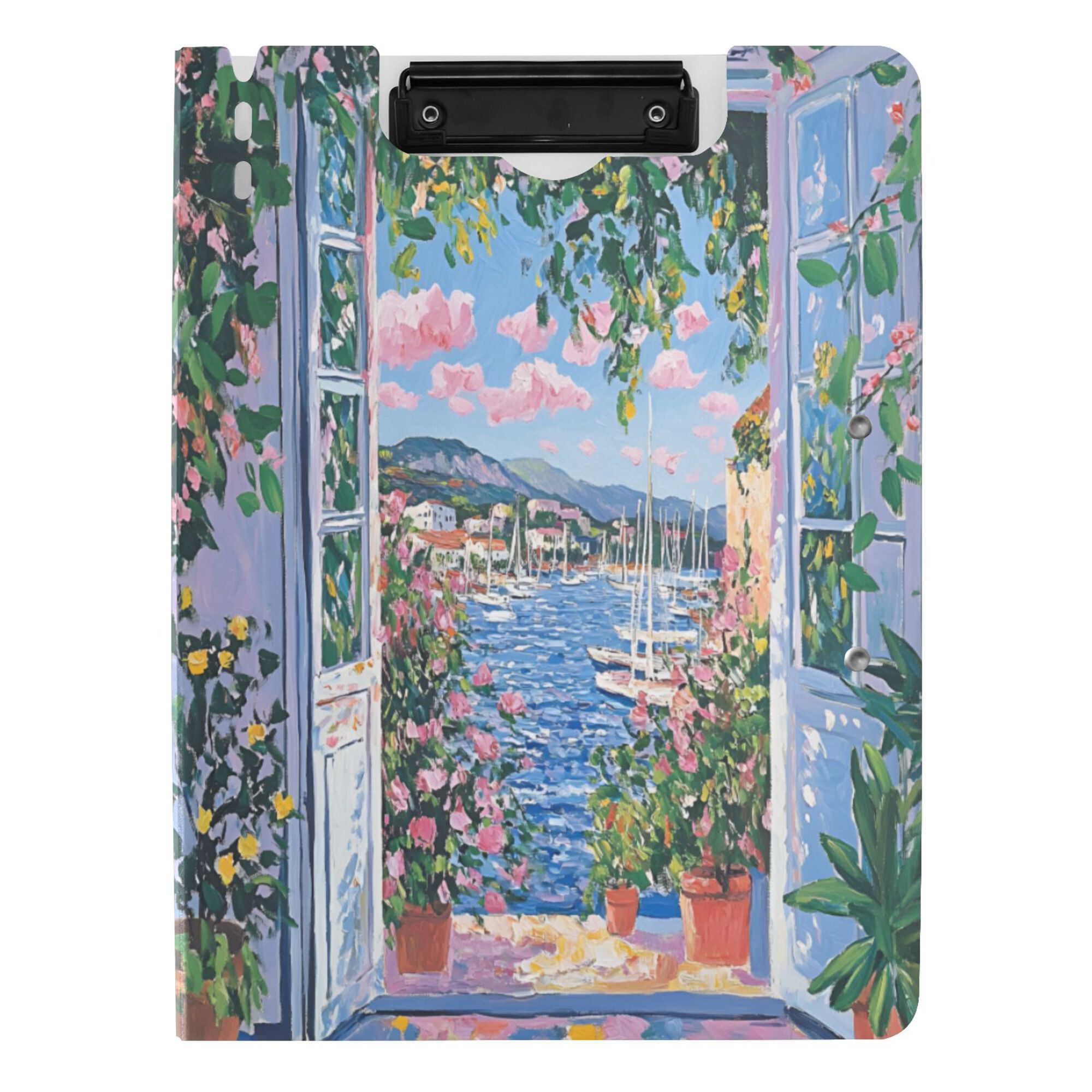 FORMRS A4 Clipboard Folder with Pen Holder Horizontal Foldable School Office Binder, Blue Floral Window