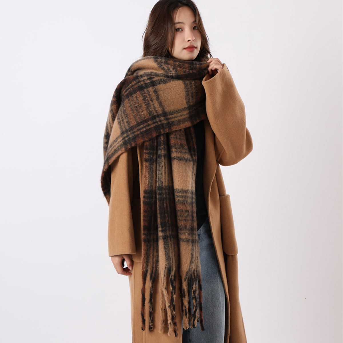 Women's Fashion Striped Solid Mohair Scarf Tassel Winter Warm