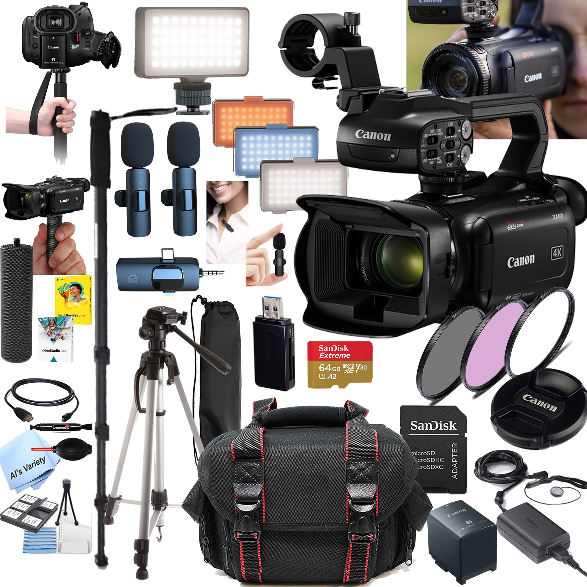 Canon XA60 Professional 4K UHD Camcorder Bundle, 20x Optical Zoom, 64GB Extreme Memory, Dual Wireless Microphones, LED Video Light, Tripod, Monopod, Camera Bag & Filters (International Version)