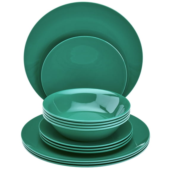 Tabletops Gallery 12 Piece Dark Green Melamine Dinnerware Set Plates Bowls for Indoor/Outdoor Use, Service for 4, Emerald
