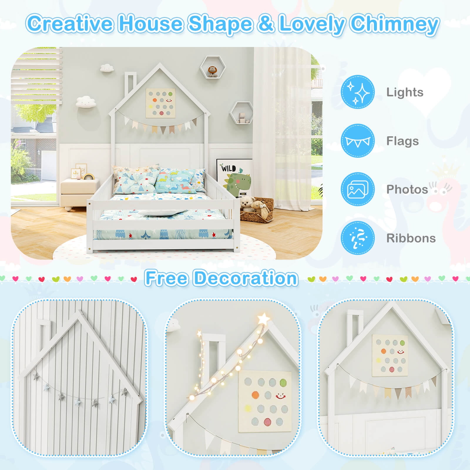 Costway Twin Size Montessori Floor Bed for Toddler with Lockable Door Full-Length Guardrail White