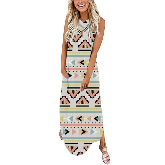 SMihono Robe Maxi Bohème d'Été pour Femmes Grande Taille Décontractée Col en V Sans Manches Imprimée Ample Robe Longue + Poche Robe de Plage