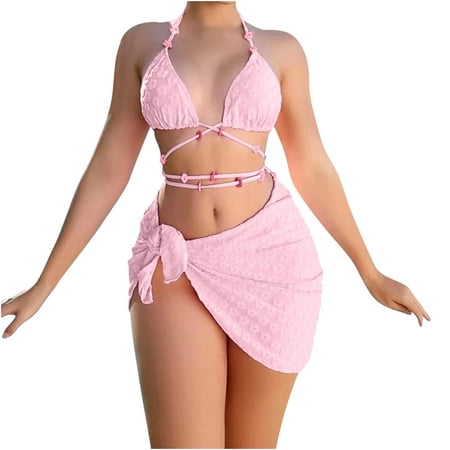 3 Piece Bikini Swimsuits Ladies Floral Solid Cross Tie Halter Swimwear with Cover Up Skirt Sets Bathing Suit (Small  Pink)