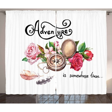 Concept Compass Set (Adventure Curtains 2 Panels Set, Vintage Compass Flowers Retro Feathers Text Travel Concept in Watercolors, Window Drapes for Living Room Bedroom, 108W X 63L Inches, Bronze Pink Green, by)